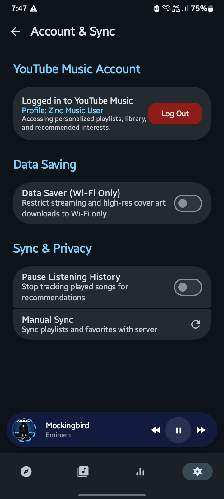 Zinc Music YouTube Music login screen