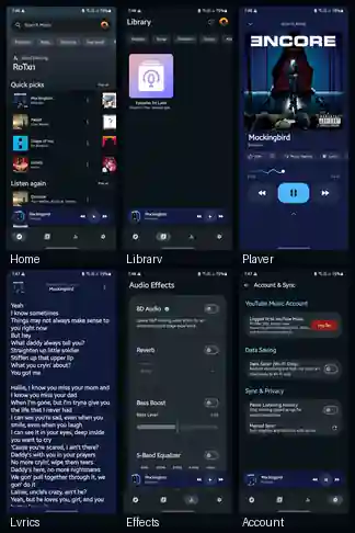 Zinc Music app screens: Home, Library, Player, Lyrics, Audio Effects and Account & Sync